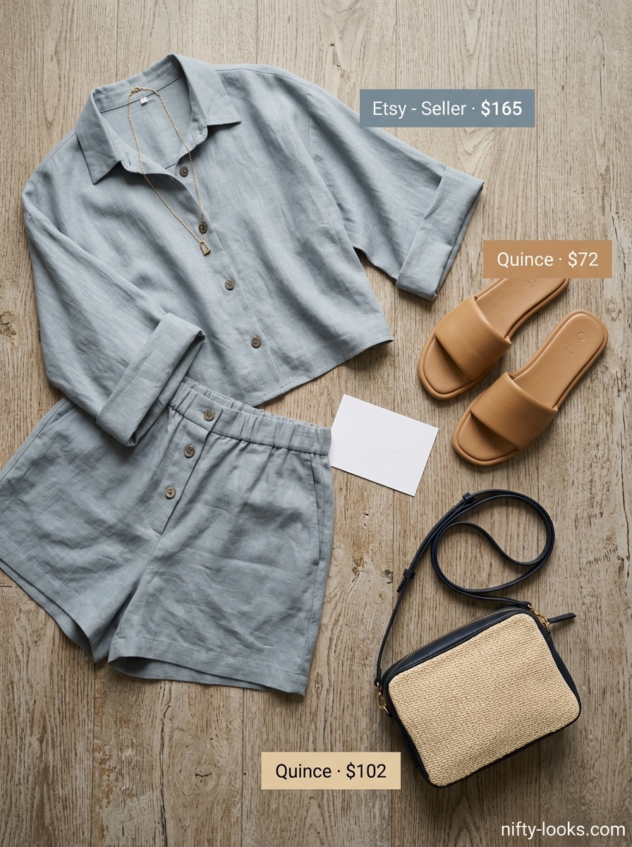 Summer Paris Outfits for Women 2026: Light blue linen set, tan slides, and gold necklace for effortless style.