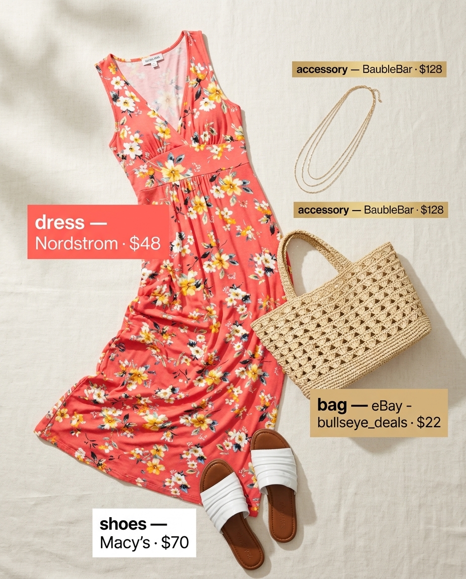 Summer Paris Outfits for Women 2026: Coral print maxi dress, straw tote, and flat sandals for a river cruise.