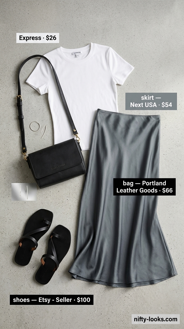 Silver satin midi skirt, white t-shirt, and black sandals for Summer Paris Outfits for Women 2026.