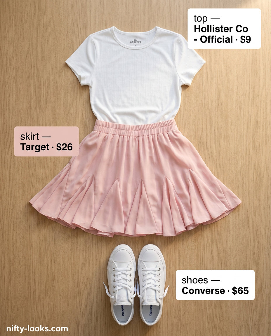 Summer Paris Outfits for Women 2026: Blush pink mini skirt, white tee, and sneakers for a park picnic.