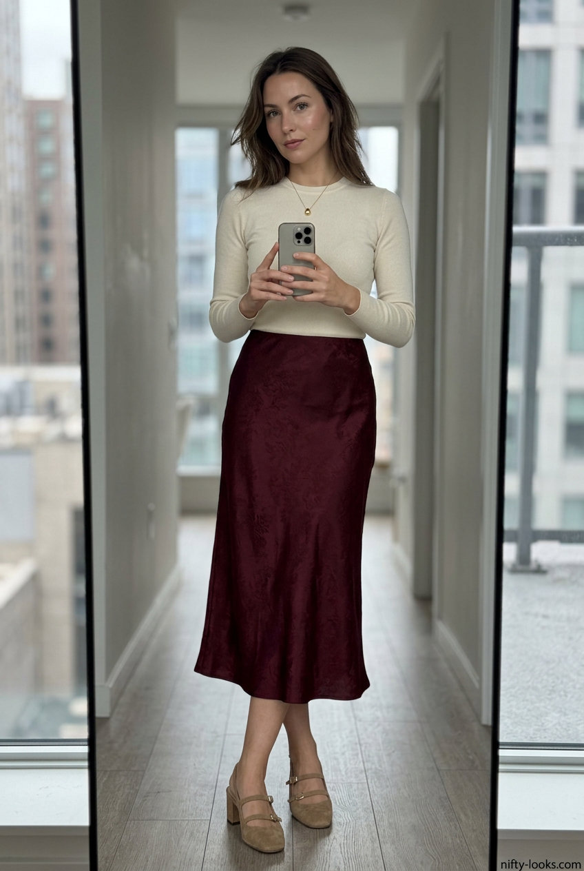 Summer Paris Outfits for Women 2026: Burgundy floral midi skirt, cream knit top, and tan accessories for an elegant look.