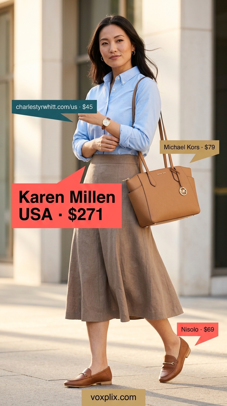 Polished beige pleated midi skirt outfit for business casual office or lunch meeting in 2026.