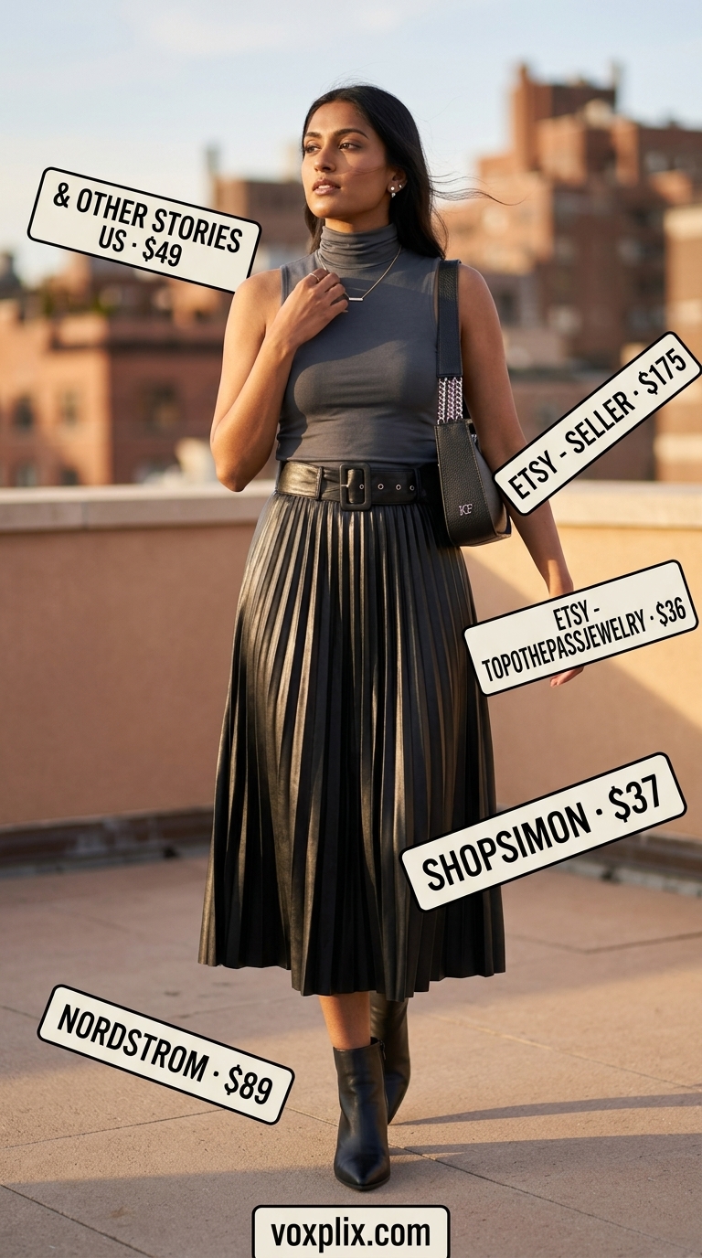 Edgy black faux leather pleated midi skirt outfit for city brunch or gallery opening in 2026.