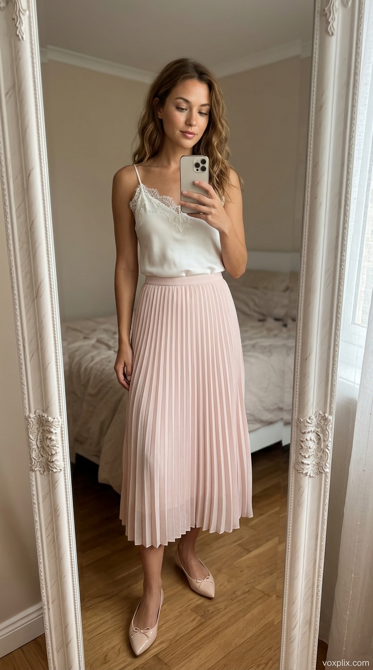 Blush pink pleated midi skirt outfit for a bridal shower or garden party in 2026.