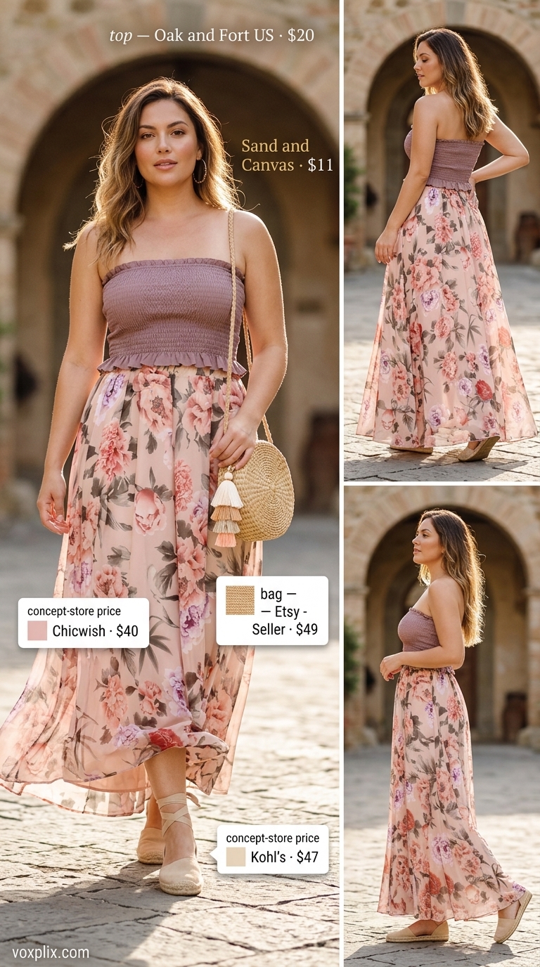Floral pleated skirt outfit for a garden party or festival. Bohemian & relaxed style.