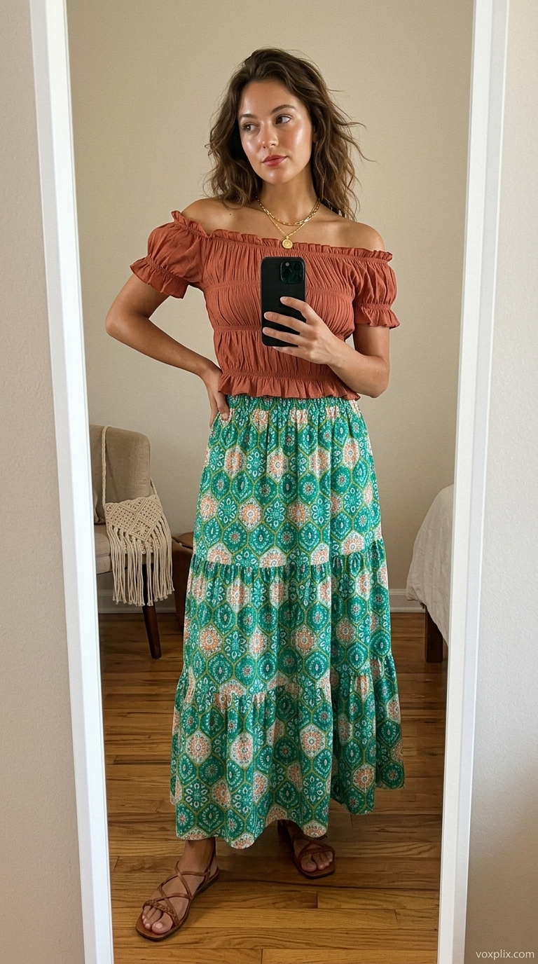 Floral maxi pleated skirt outfit for a boho festival. Earthy & free-spirited style.