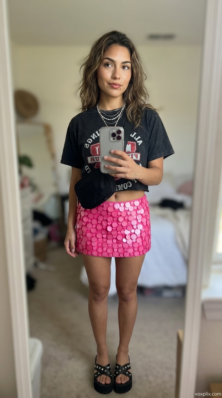 Fuchsia satin pleated skirt outfit 2026 with graphic tee and silver chains for city exploration.