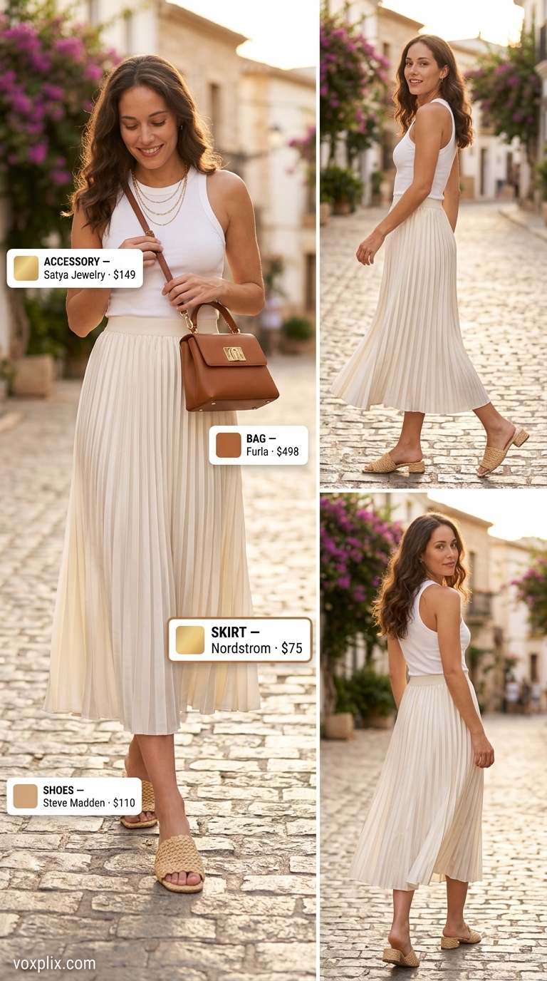 Cream accordion pleated skirt outfit for a coastal brunch. Effortless & chic.