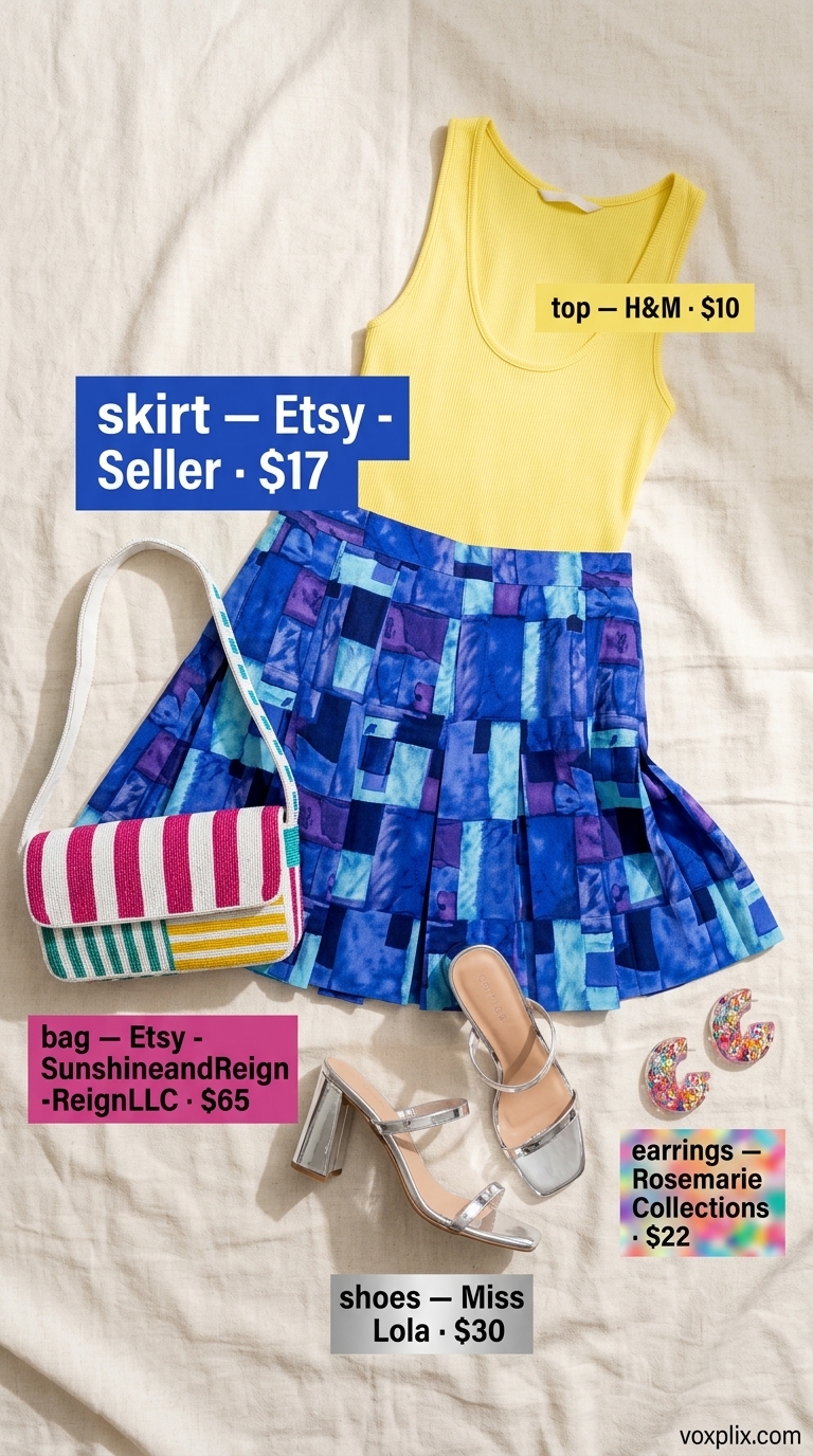 Bold cobalt blue abstract pleated mini skirt outfit for a creative event or shopping day in 2026.