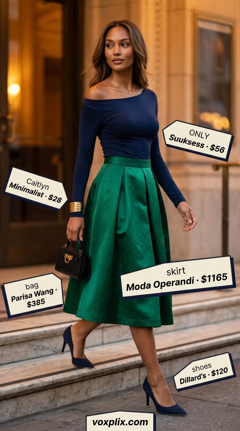 Emerald green silk pleated midi skirt outfit 2026 with fitted knit top and gold cuff for dinner.