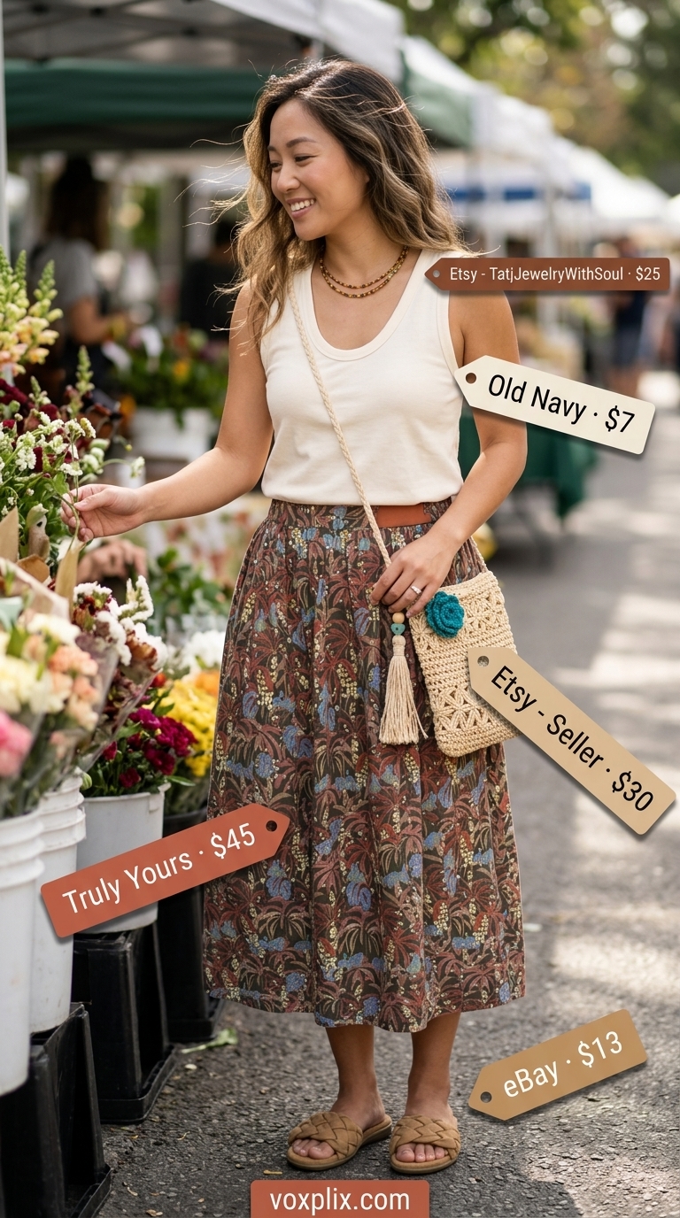 Bohemian terracotta floral pleated midi skirt outfit for a summer festival or market in 2026.