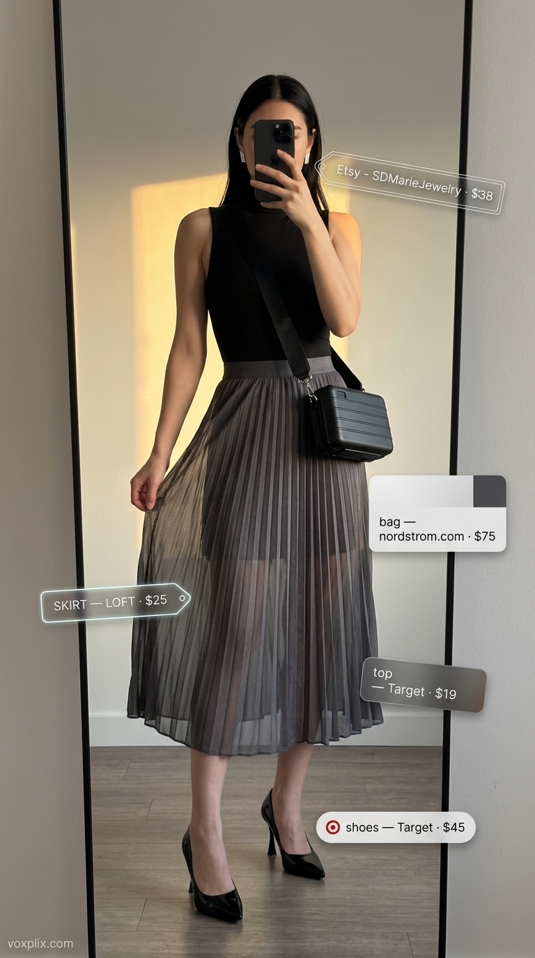 Charcoal gray pleated skirt outfit for an art gallery opening. Modern & edgy.