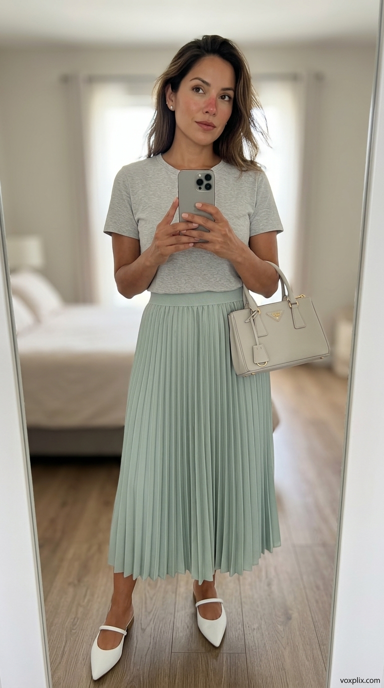 Mint green pleated skirt outfit for a gallery opening or elegant daytime event. Sophisticated & minimalist.