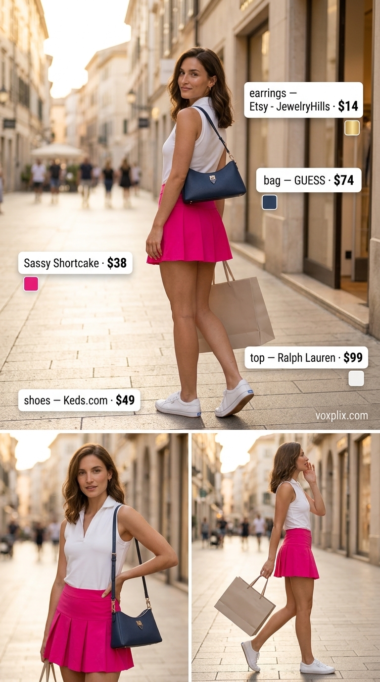 Hot pink pleated mini skirt outfit 2026 with white polo and sneakers for a vibrant city stroll.