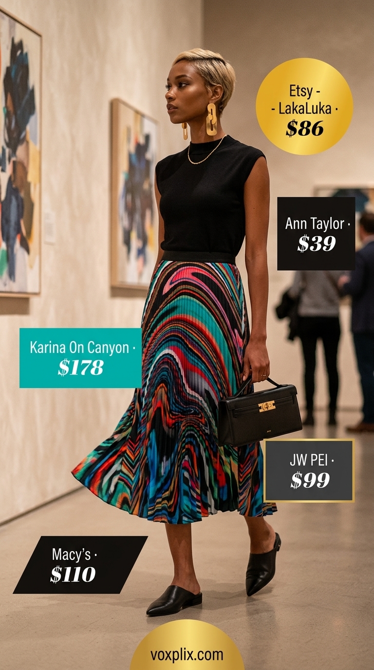 Artistic jewel-toned pleated midi skirt outfit for a creative event or art exhibition in 2026.