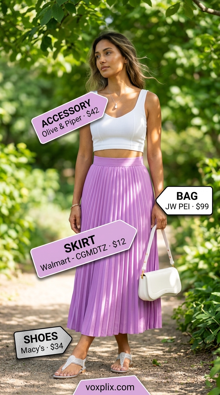 Lavender chiffon pleated midi skirt outfit 2026 with satin camisole and silver sandals for brunch.