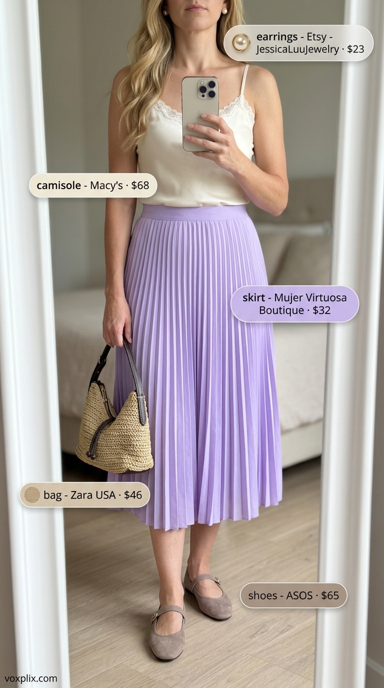 Lavender micro-pleated skirt outfit for a picnic or romantic date. Romantic & feminine.
