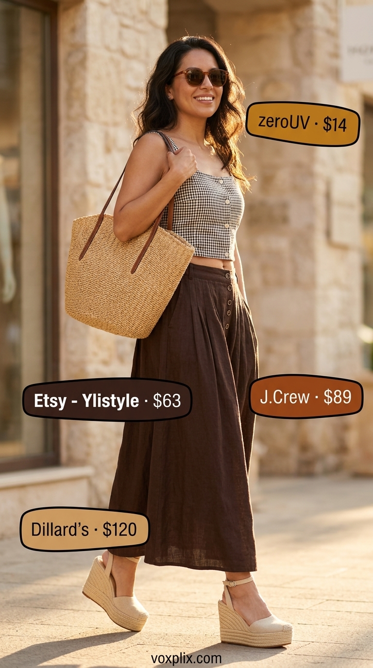 Sand linen pleated maxi skirt outfit 2026 with cream tank and straw tote for a coastal getaway.