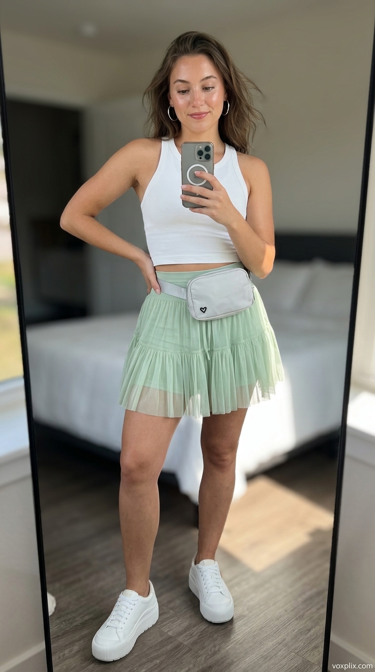 Trendy mint green athletic pleated mini skirt outfit for errands or casual day out in 2026.