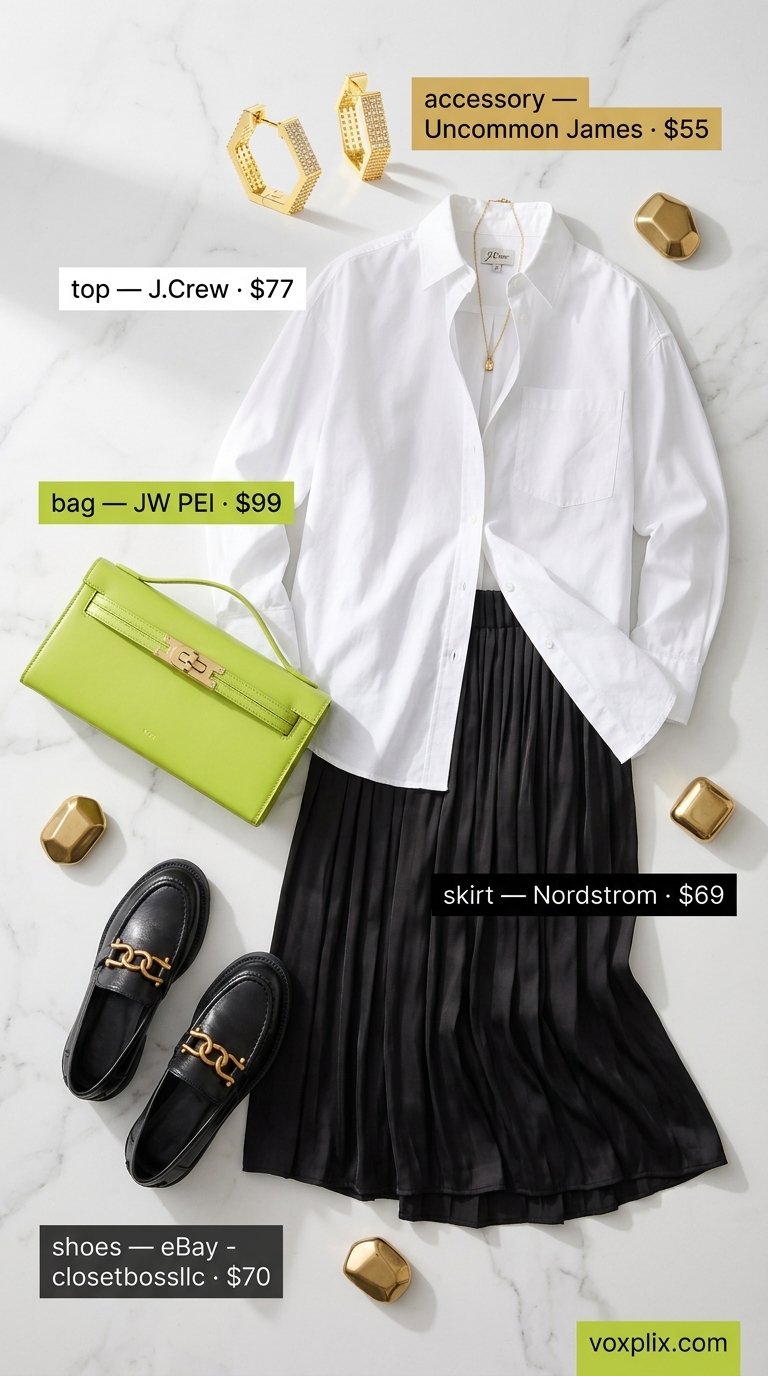 Black textured pleated skirt outfit for a modern art gala. Sophisticated & bold.