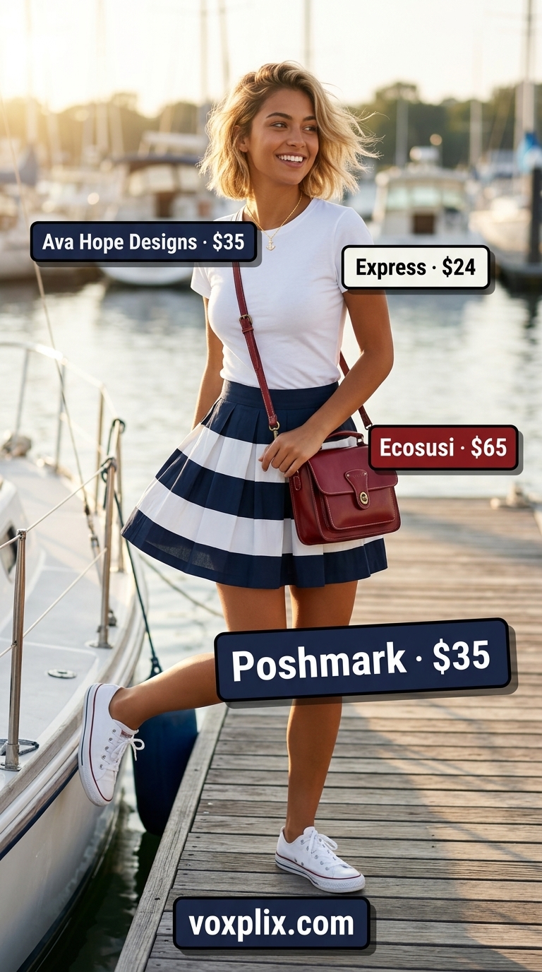 Playful navy and white striped pleated mini skirt outfit for a casual lunch or boat trip in 2026.