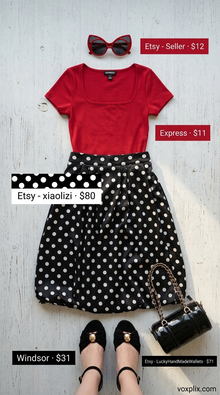 Black polka dot pleated midi skirt outfit 2026 with red knit top and cat-eye sunglasses for a retro date.