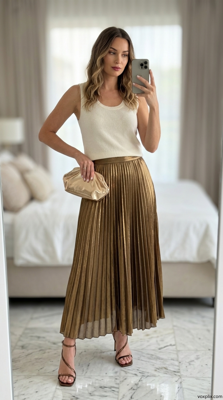 Gold metallic pleated skirt outfit for a resort dinner or evening gala. Luxurious & festive.