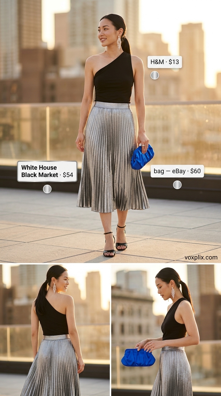 Silver metallic pleated skirt outfit for a rooftop party or date night. Glamorous & bold.
