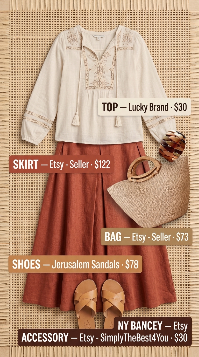 Terracotta pleated skirt outfit for travel and sightseeing. Earthy & comfortable boho style.