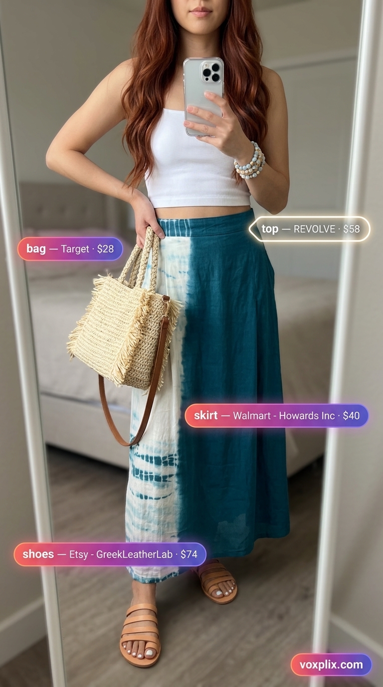 Blue tie-dye pleated maxi skirt outfit 2026 with white tank and fringe bag for beach festival.