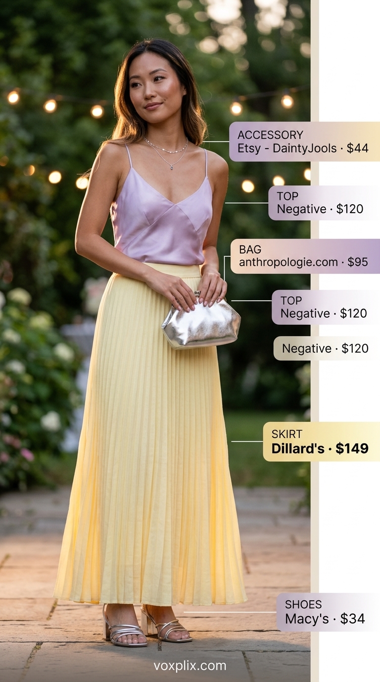 Romantic white pleated maxi skirt outfit for a garden party or summer wedding guest in 2026.