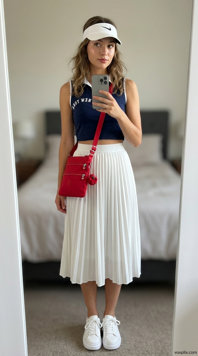 White pleated midi skirt outfit 2026 with navy polo and visor for athleisure court side style.