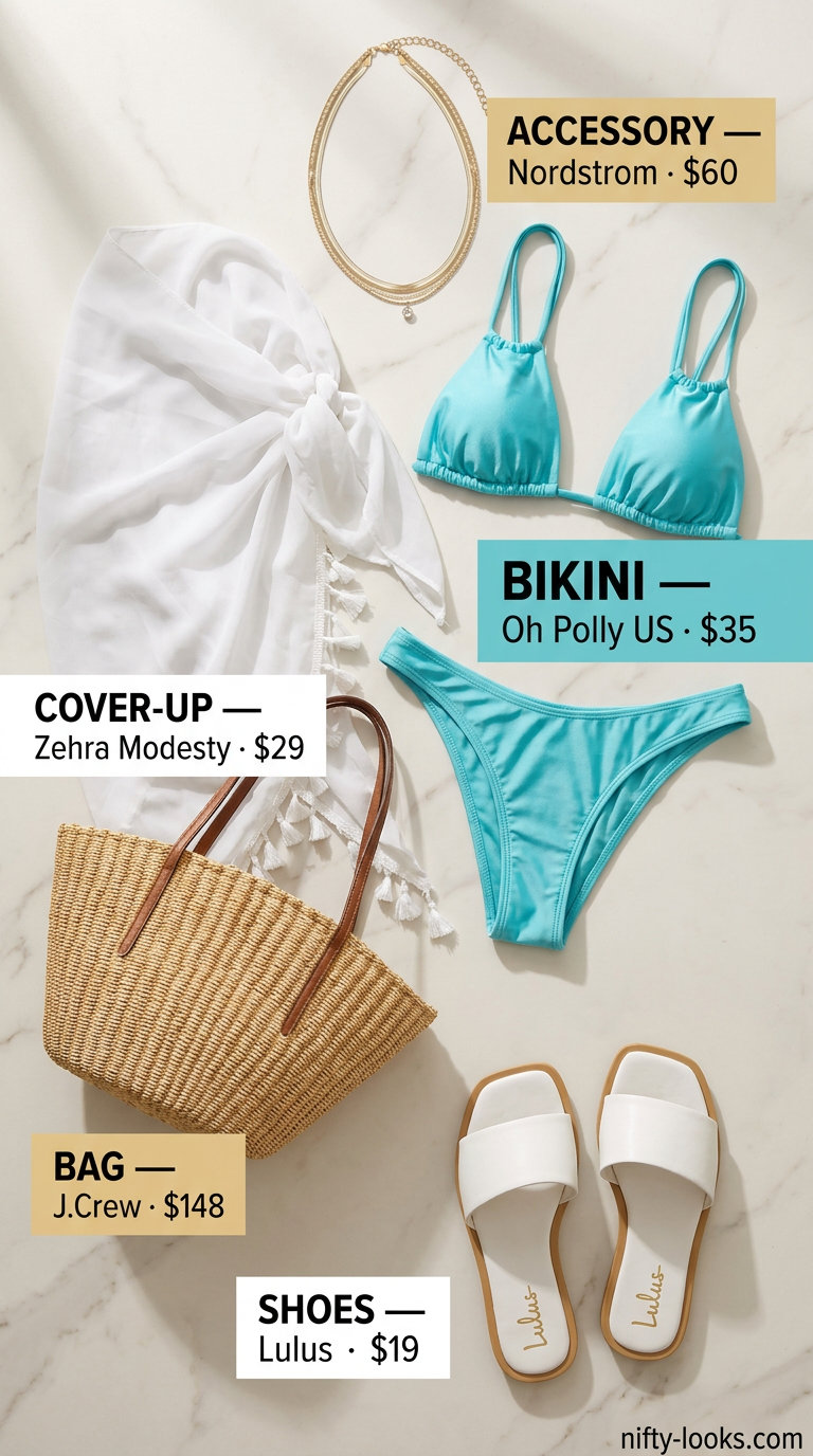 Playful turquoise bikini with straw tote and gold necklaces for summer pool party outfits for women 2026. Features chiffon sarong and flat sandals.