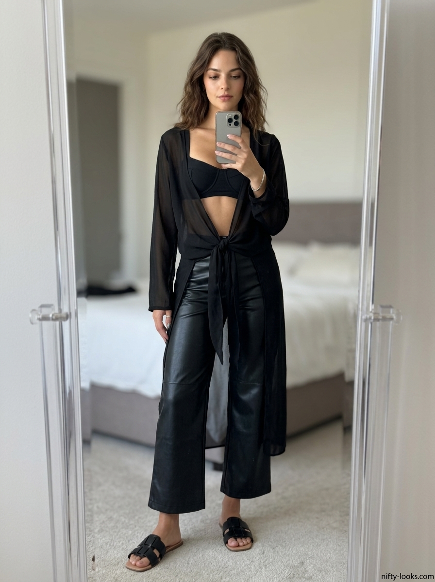 Chic black bikini with sheer kimono cover-up for summer pool party outfits for women 2026. Includes black sandals and silver bracelet.