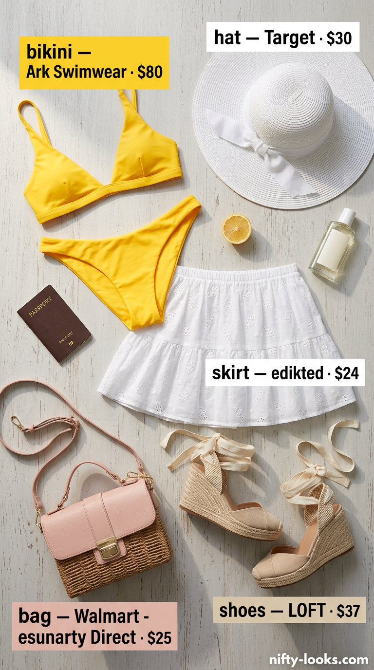 Playful yellow bikini with eyelet skirt for a summer festival or pool party 2026.