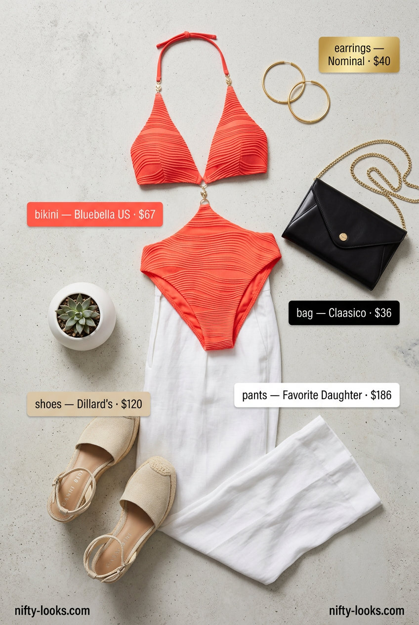 Sophisticated coral one-piece with wide-leg pants for summer pool party outfits for women 2026. Includes espadrille wedges and gold hoops.