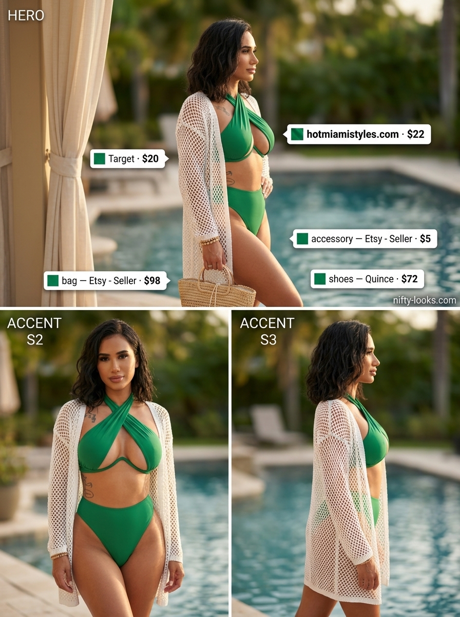 Sophisticated emerald green bikini with white crochet kimono for summer pool party outfits for women 2026. Includes raffia bag and leather slides.
