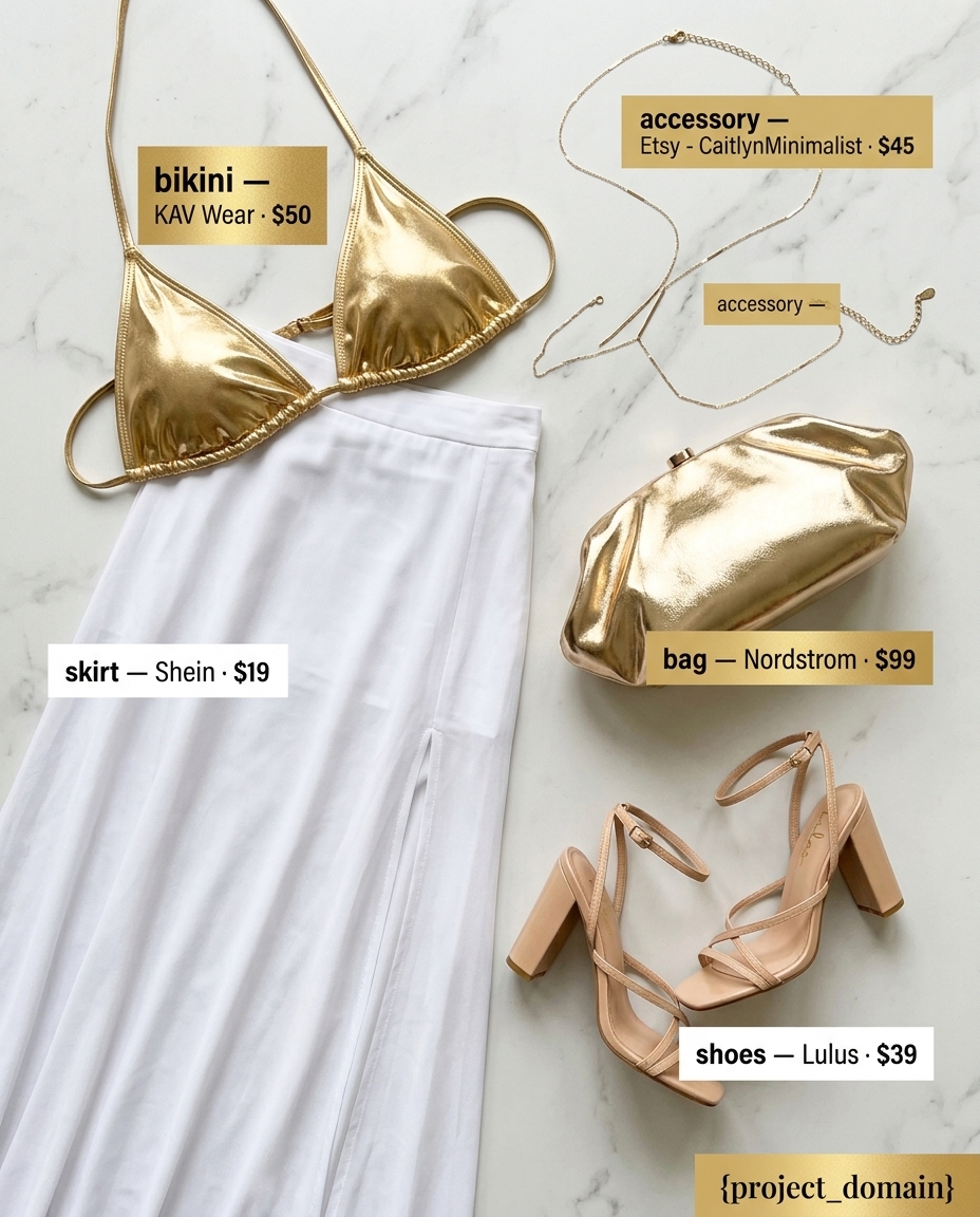 Glamorous gold bikini with sheer white maxi skirt for summer pool party outfits for women 2026. Includes gold clutch and body chain.