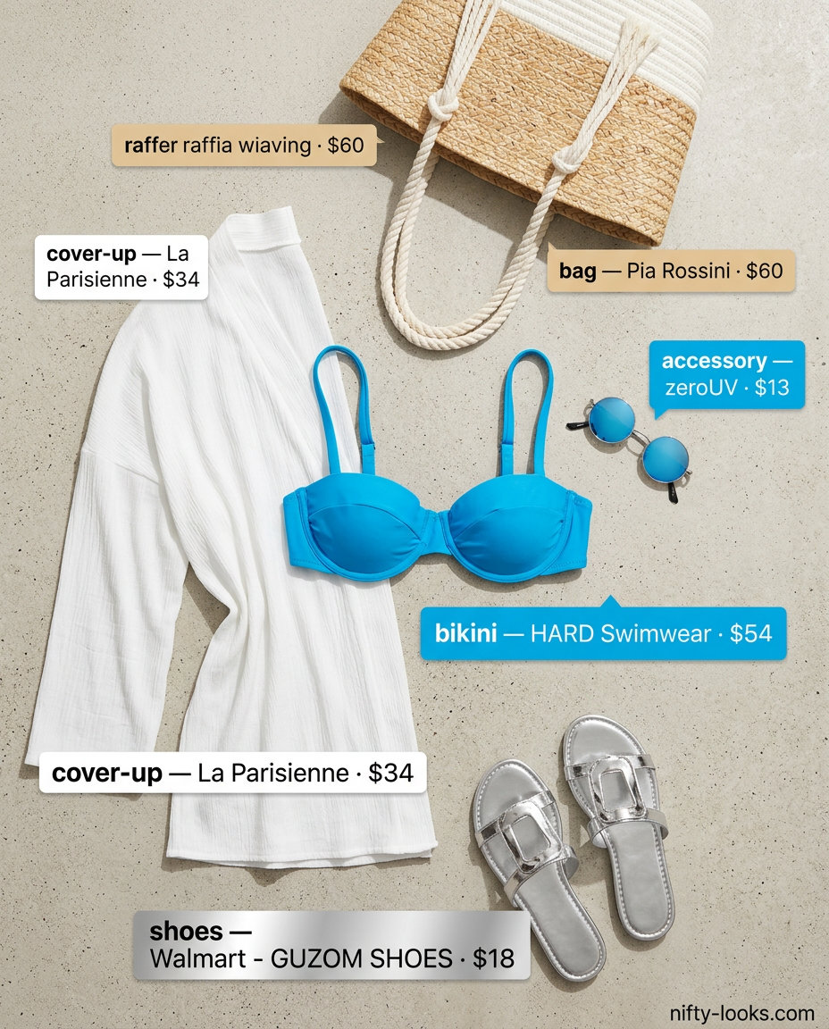 Glamorous bright blue bikini outfit for a resort pool party or beach day 2026.