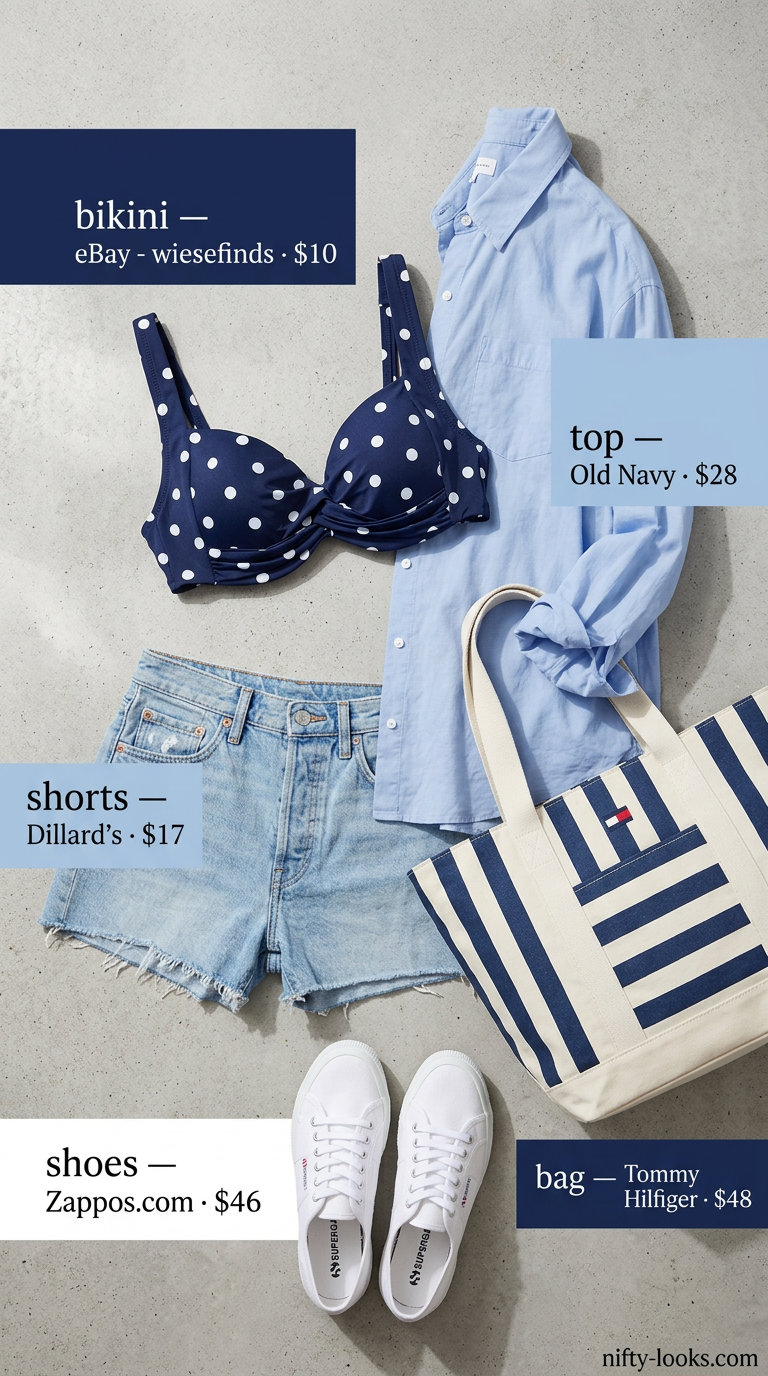 Ocean Blues Breeze: Navy bikini with white polka dots, denim shorts, and oversized shirt for summer pool party outfits for women 2026.