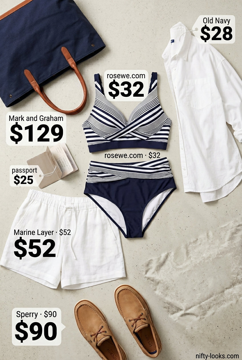 Classic navy and white stripe bikini outfit for a nautical pool party or boating trip 2026.