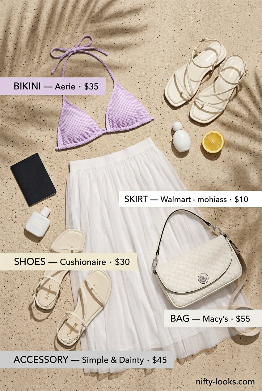 Pastel Dream: Lilac bikini, white mesh skirt, and silver bracelet for summer pool party outfits for women 2026.