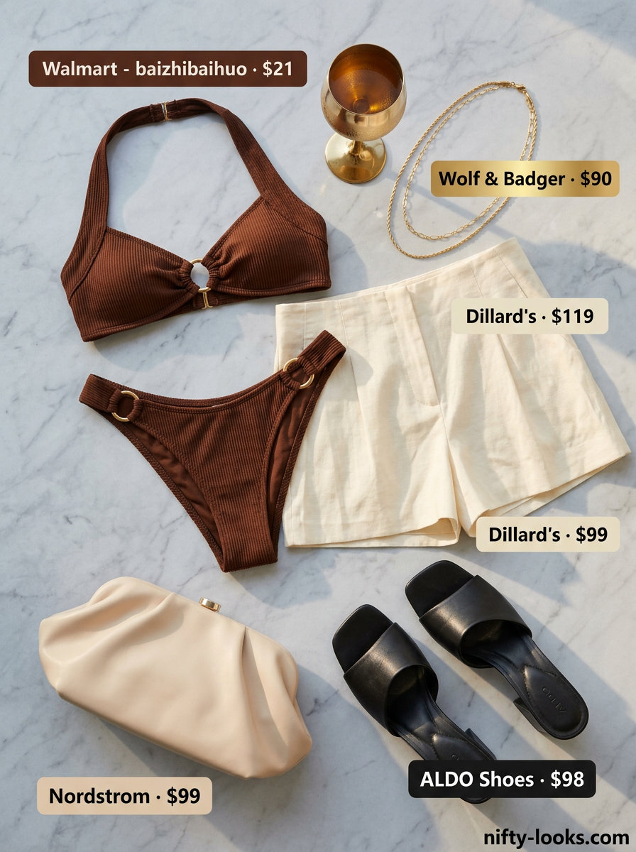 Sophisticated terracotta bikini outfit for poolside cocktails or evening pool party 2026.