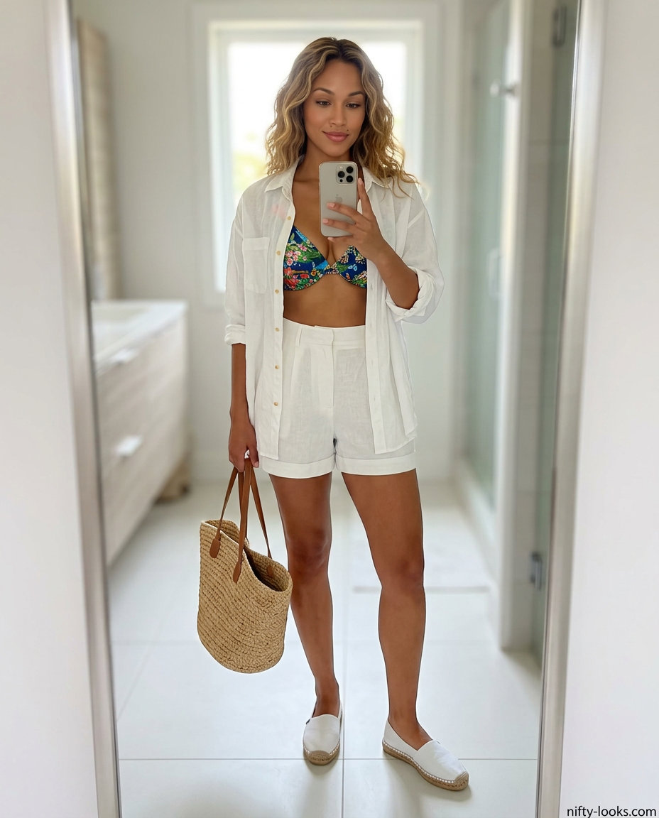 Feminine tropical floral bikini with white linen shorts for summer pool party outfits for women 2026. Includes straw tote and espadrilles.