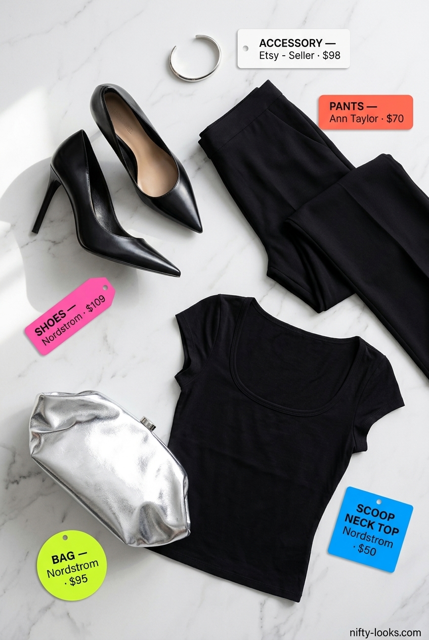 Summer Scoop Neck outfits for women 2026: Black wide-leg pants with a white scoop neck bodysuit for a sophisticated dinner.