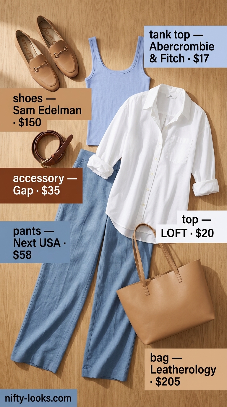 Summer Scoop Neck outfits for women 2026: Blue linen trousers, white shirt, beige loafers for smart casual events.