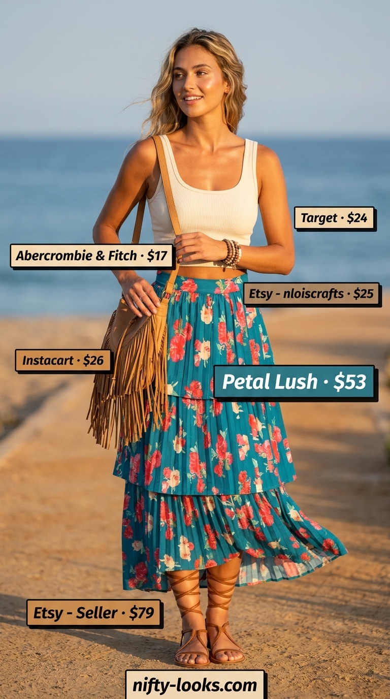 Summer Scoop Neck outfits for women 2026: Boho floral maxi skirt with a fitted scoop neck top for festivals or vacation.