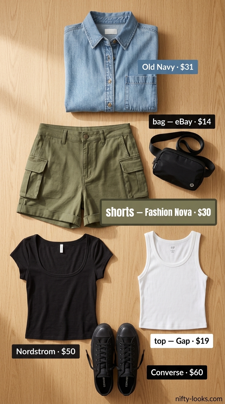 Olive green cargo shorts, white scoop neck tank, denim shirt for summer Scoop Neck outfits for women 2026.