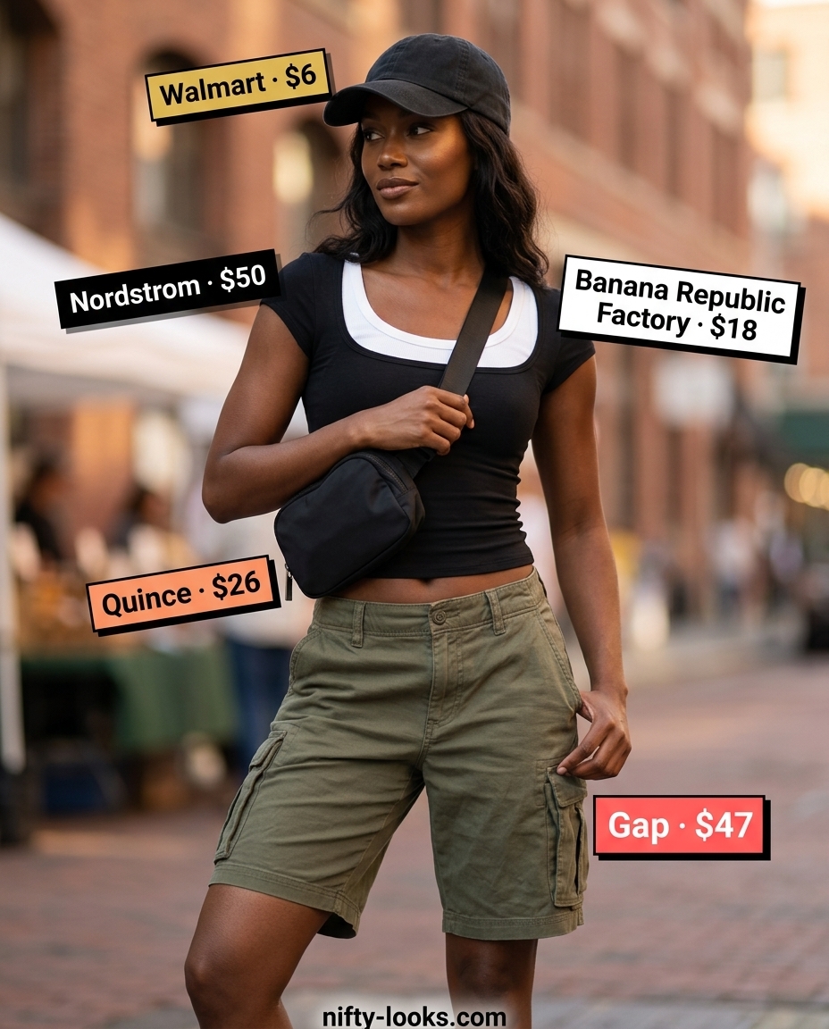Summer Scoop Neck outfits for women 2026: Olive green cargo shorts with a white scoop neck tee for casual weekend wear.