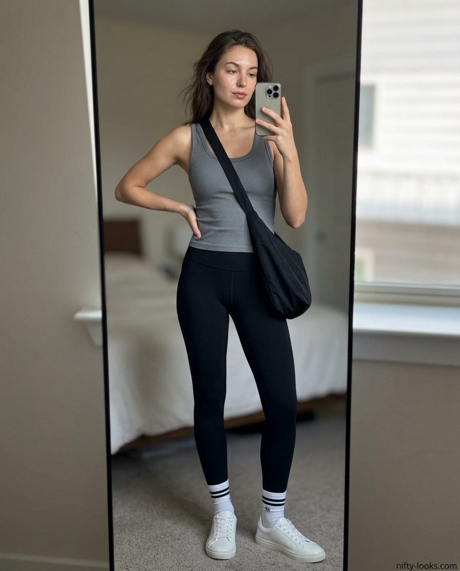 Charcoal grey scoop neck tank, black leggings, white sneakers for summer Scoop Neck outfits for women 2026.
